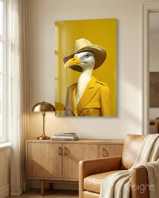 Seagull in Mustard Yellow Overcoat Glass Wall Art