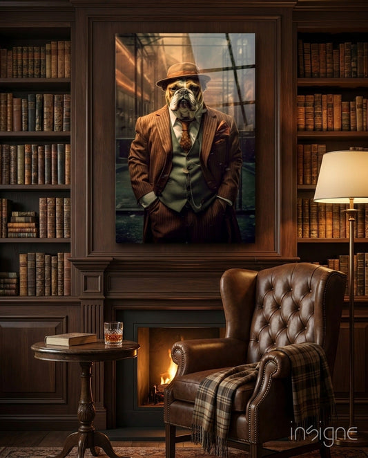 Bulldog In Rust Pinstripe Suit Glass Wall Art