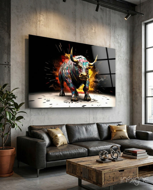 Charging Bull Paint Splash Glass Wall Art