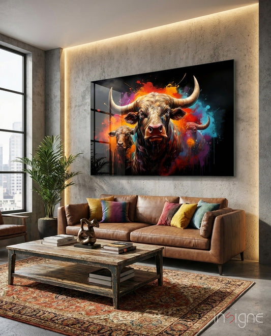 Colorful Horned Bull Splash Glass Wall Art