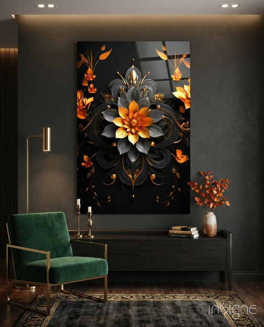 Black Gold Ornate Flower Mandala Glass Wall Art
