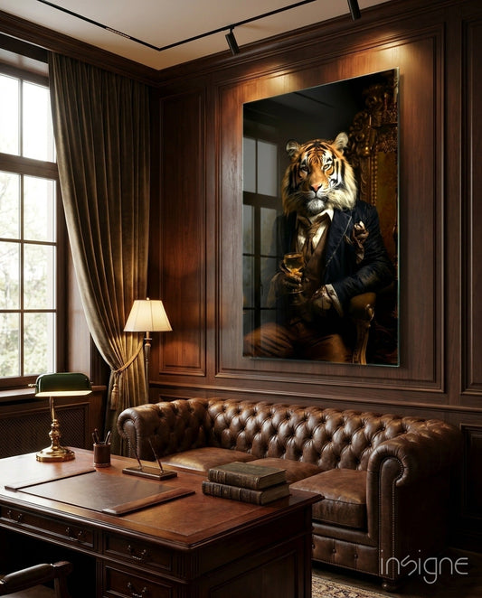 Tiger on Golden Throne Glass Wall Art