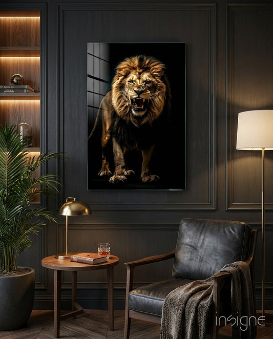 Lion in the Dark Glass Wall Art|| Designer's Collection