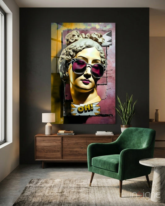 Gold Face Statue Pink Torn Poster Glass Wall Art