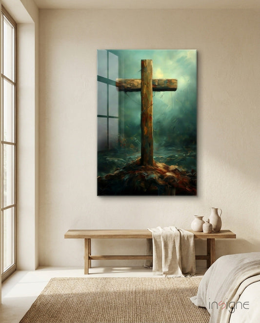 Rustic Wooden Cross In Teal Mist Glass Wall Art