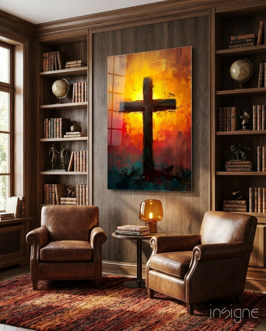 Fiery Orange And Teal Sunburst Cross Glass Wall Art