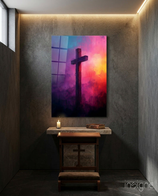 Magenta And Purple Cloud Cross Glass Wall Art