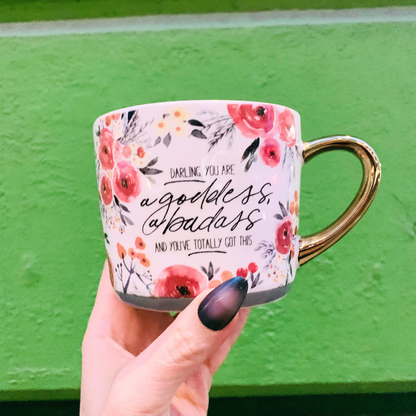 Darling You Are A Goddess A Badass Cozy Gold Handle Mug | Stoneware Coffee Tea Cup | 15oz
