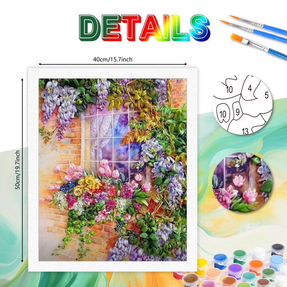 Decorative painting kit with floral design, brushes, and color bottles on a colorful background.