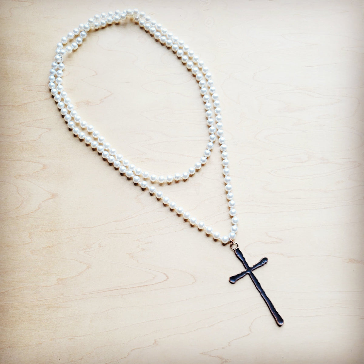 Extra Long Pearl Beaded Necklace w/ Copper Cross 260m