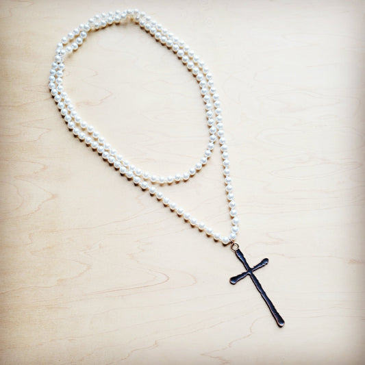 **Extra Long Pearl Beaded Necklace w/ Copper Cross 260m
