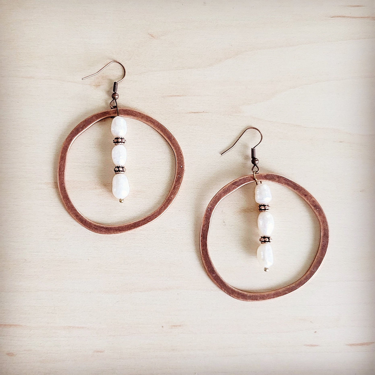 Western Copper Hoop Earrings w/ Genuine Freshwater Pearls 200bq