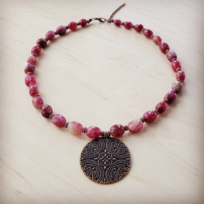**Natural Pink Jade Beaded Collar Necklace w/ Scroll Pendant 261L