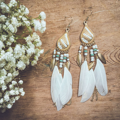 Beautiful White Boho Feather Earrings Otarealm