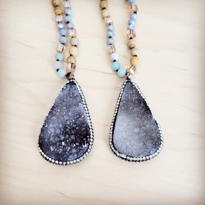 **Amazonite & Crystal Long Beaded Necklace w/ Druzy Pendant 262u