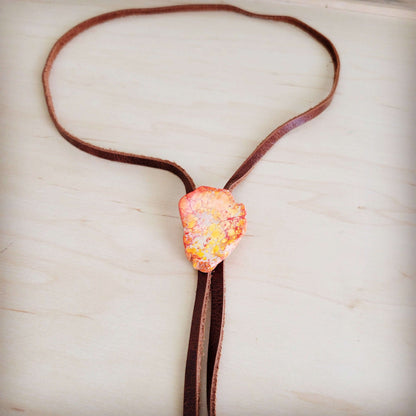 Leather Lariat Boho Necklace w/ Orange Regalite Slab Accent 264g Otarealm
