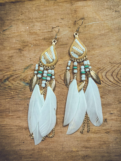 Beautiful White Boho Feather Earrings Otarealm