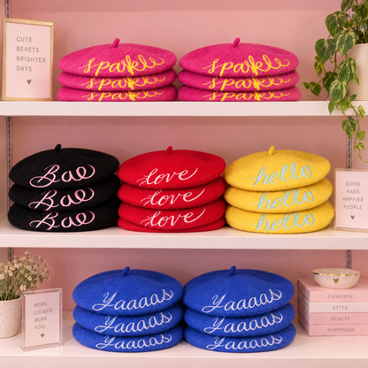 Hello Embroidered Beret in Yellow