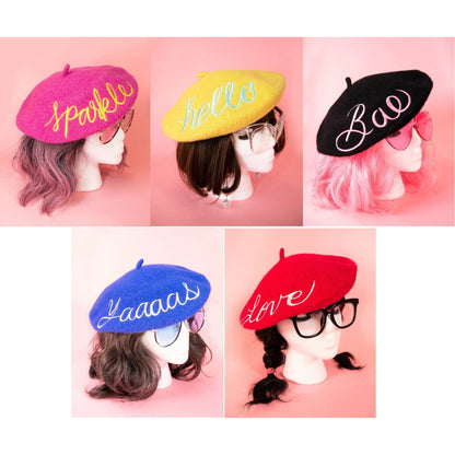 FLASH SALE: Embroidered Berets in 5 Fun Colors and Sayings | Wool and Nylon