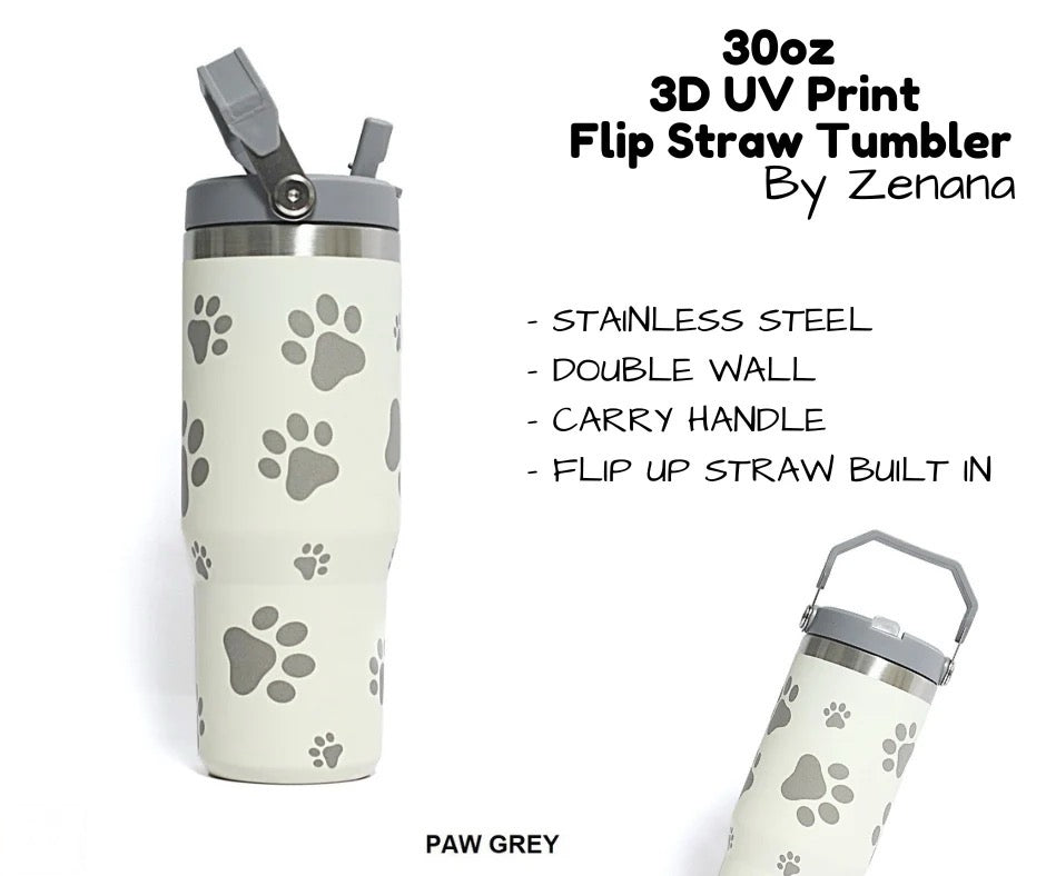 30oz 3D UV Printed Flip Straw Tumbler - Paw Grey