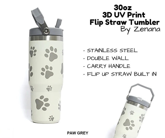 30oz 3D UV Printed Flip Straw Tumbler - Paw Grey