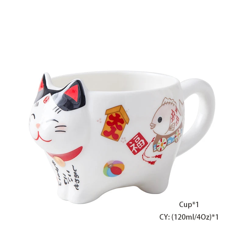 Cute Japanese Lucky Cat Porcelain Tea Set, Creative Maneki Neko Ceramic Tea Cup Pot with Strainer