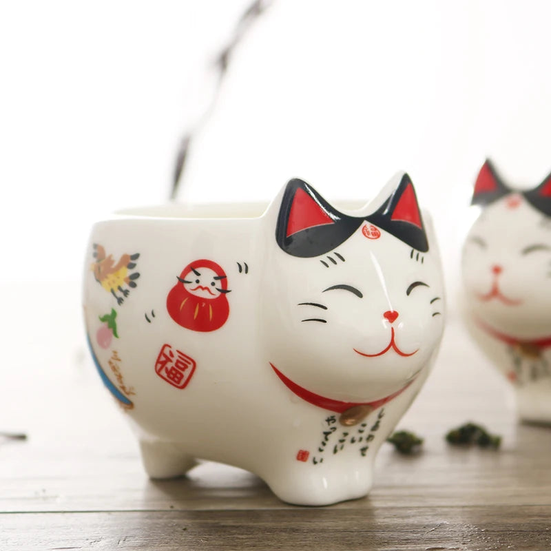 Cute Japanese Lucky Cat Porcelain Tea Set, Creative Maneki Neko Ceramic Tea Cup Pot with Strainer