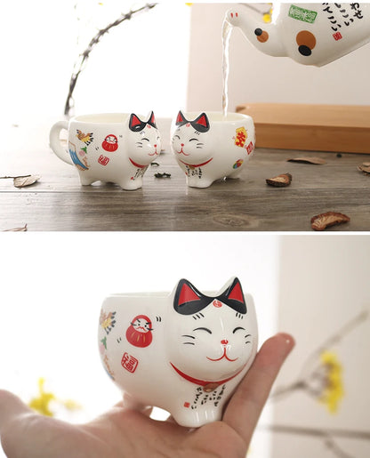 Cute Japanese Lucky Cat Porcelain Tea Set, Creative Maneki Neko Ceramic Tea Cup Pot with Strainer
