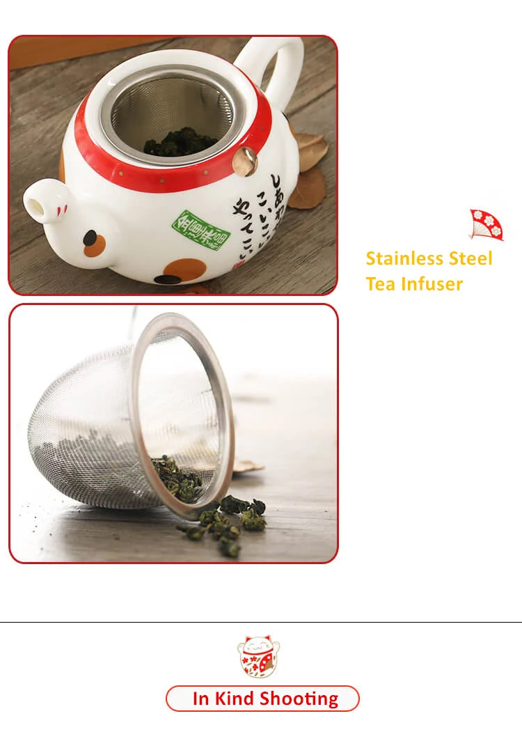 Cute Japanese Lucky Cat Porcelain Tea Set, Creative Maneki Neko Ceramic Tea Cup Pot with Strainer