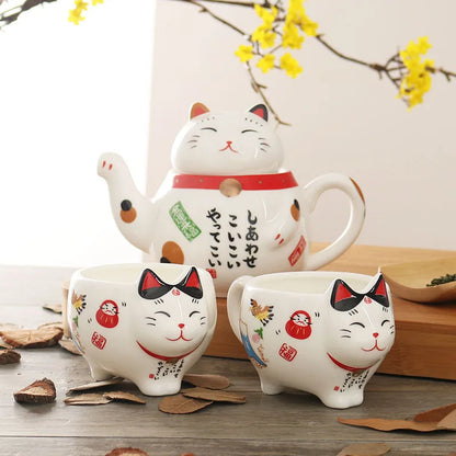 Cute Japanese Lucky Cat Porcelain Tea Set, Creative Maneki Neko Ceramic Tea Cup Pot with Strainer