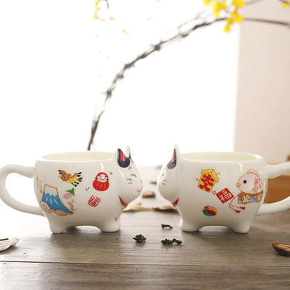 Cute Japanese Lucky Cat Porcelain Tea Set, Creative Maneki Neko Ceramic Tea Cup Pot with Strainer