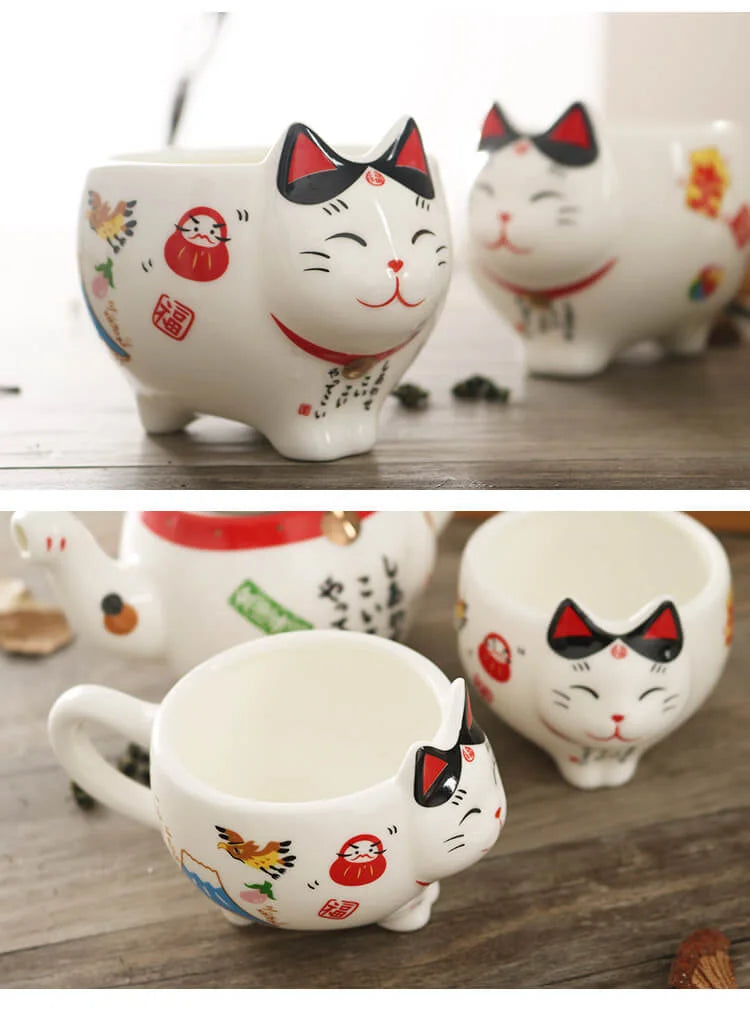 Cute Japanese Lucky Cat Porcelain Tea Set, Creative Maneki Neko Ceramic Tea Cup Pot with Strainer
