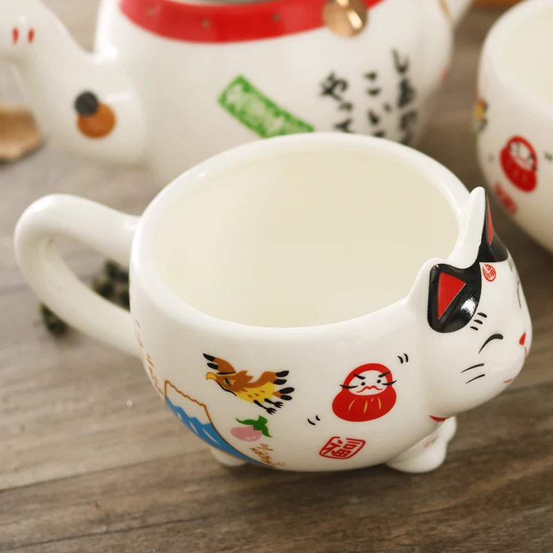 Cute Japanese Lucky Cat Porcelain Tea Set, Creative Maneki Neko Ceramic Tea Cup Pot with Strainer