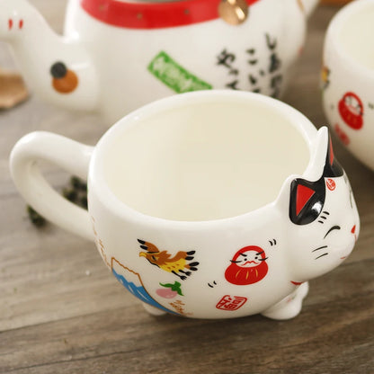 Cute Japanese Lucky Cat Porcelain Tea Set, Creative Maneki Neko Ceramic Tea Cup Pot with Strainer
