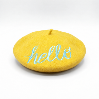 Hello Embroidered Beret in Yellow