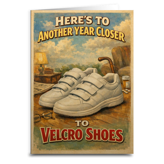 Heres to Another Year Closer to Velcro Shoes Birthday Card