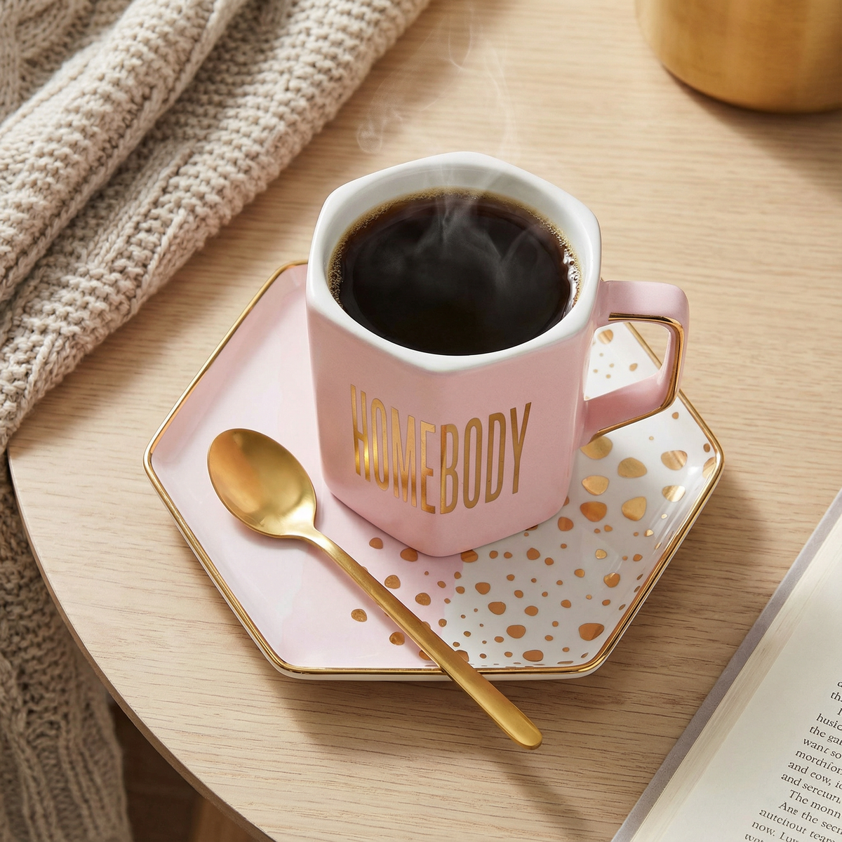 Homebody Hexagon Mug and Saucer Set in Pink with Gold Dot Pattern