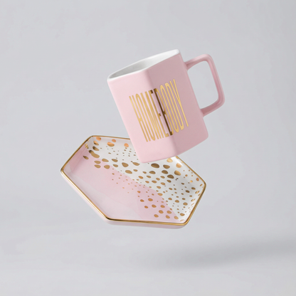 Homebody Hexagon Mug and Saucer Set in Pink with Gold Dot Pattern