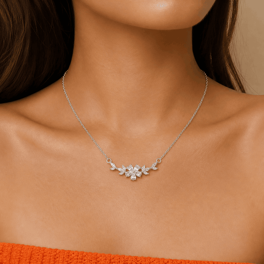 Beautiful Silver Floral Rhinestone Necklace Otarealm