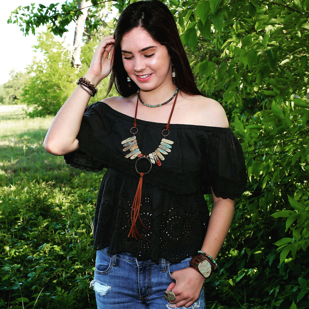 Aqua Terra Necklace w/ Hammered Copper Hoop Long Fringe 225o Otarealm