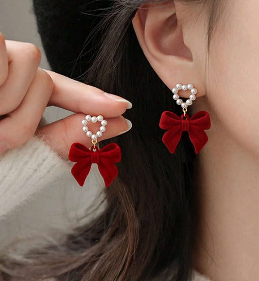 Beautiful Red Bow and Heart Pearl Earrings Otarealm
