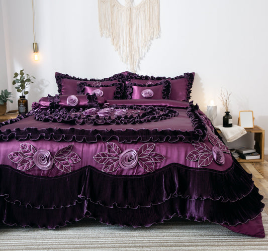Tache Satin Ruffle Dark Purple Floral Midnight Bloom Comforter (BM-6438)