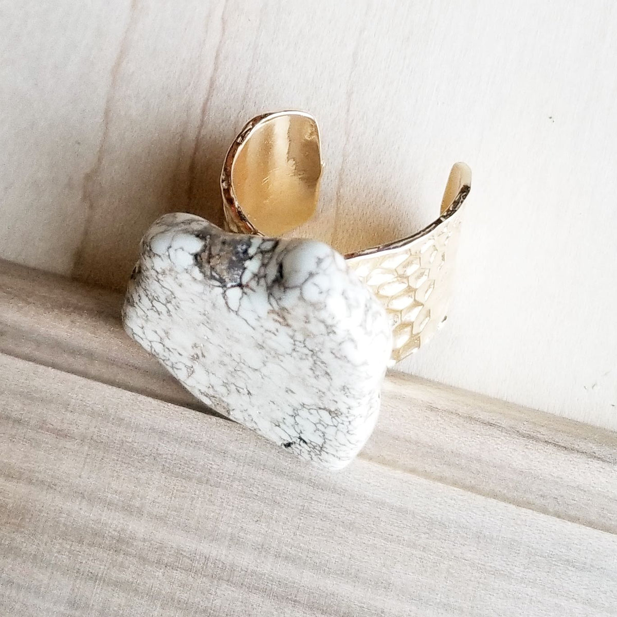 Chunky White Turquoise Slab on Hammered Gold Cuff RingBase 012s