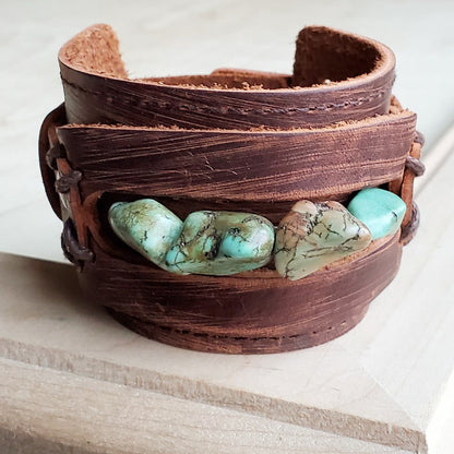 Genuine Leather Wide Cuff Bracelet w/ Natural Turquoise Chunks 006p