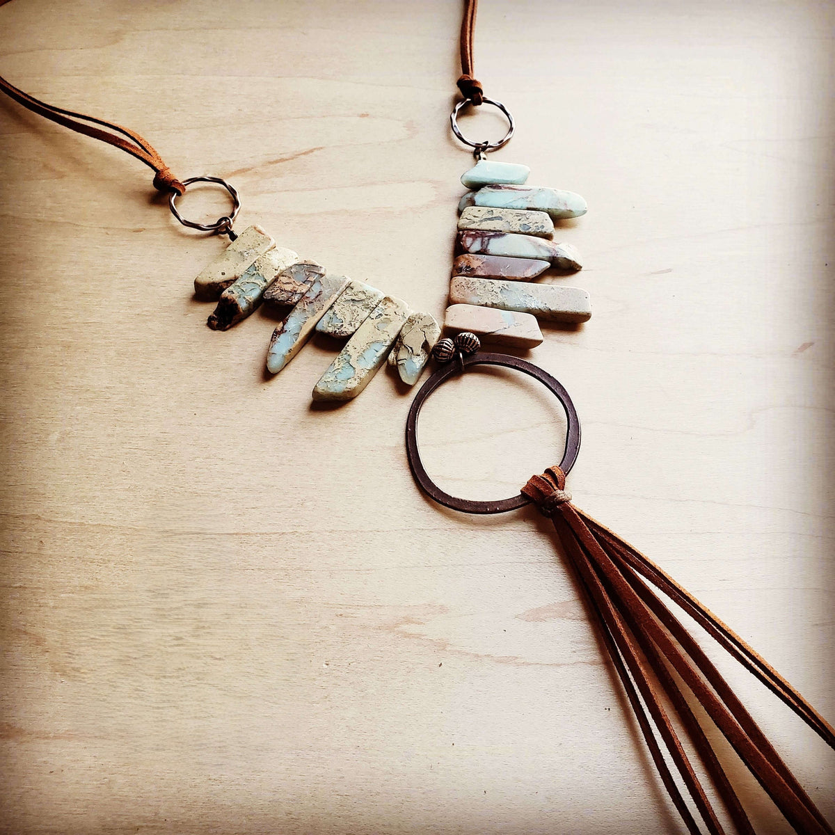 Aqua Terra Necklace w/ Hammered Copper Hoop Long Fringe 225o Otarealm