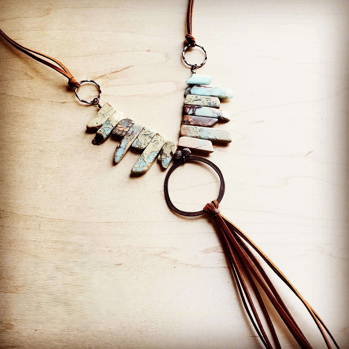 Aqua Terra Necklace w/ Hammered Copper Hoop Long Fringe 225o Otarealm