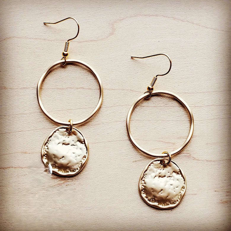 Matte Gold Hoop Earrings with Coin Dangle 203v Otarealm