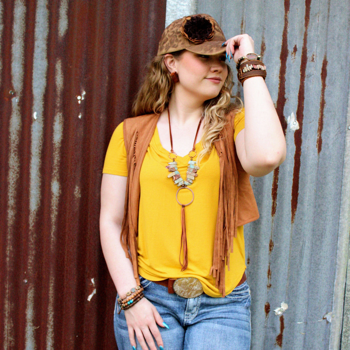 Aqua Terra Necklace w/ Hammered Copper Hoop Long Fringe 225o Otarealm