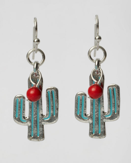 Silver and Turquoise Cactus Earrings with Coral Red Dangle Coastal Cowgirl