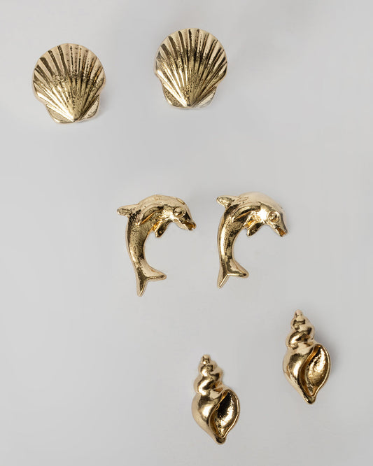 Gold Shells and Dolphin Beachy Stud Set Coastal Cowgirl